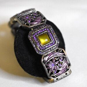 Filigree Gunmetal Purple Enamel/Crystals Lime Green Center 7" Stretch Bracelet